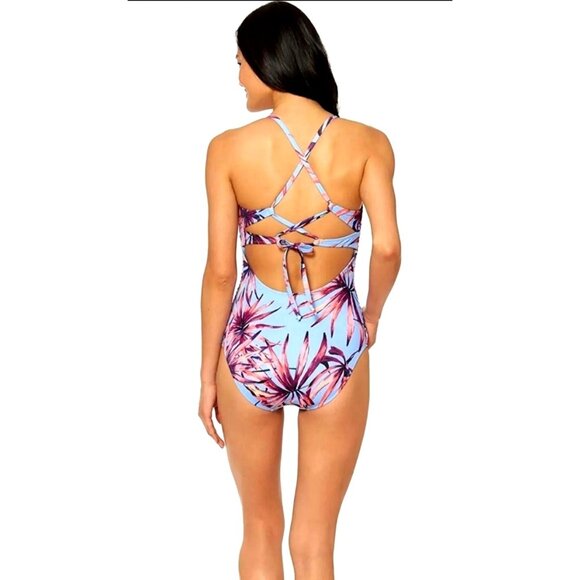 Jessica Simpson S One-Piece Tropical Cross Back Smocked Swimwear V-neck Swimsuit - Picture 5 of 12